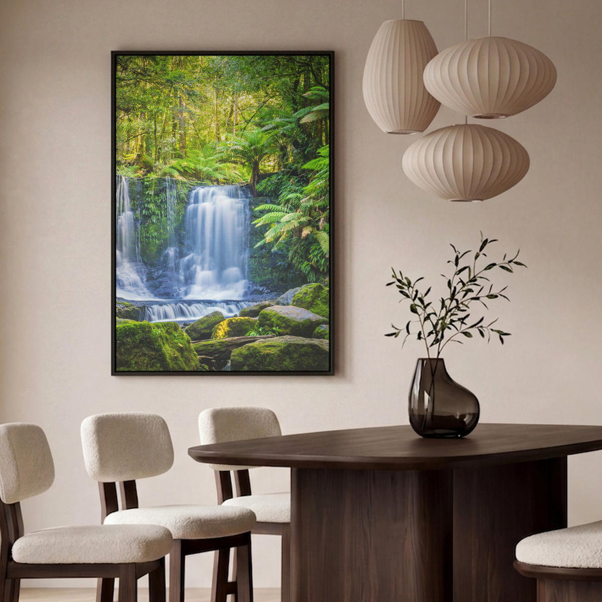 LEINWAND Bilder mit Rahmen - Dschungel - Wasserfall - Australien - Pflanzen - Natur - 90x140 - Dunkelgrün, Textil (90/140cm) - MuchoWow