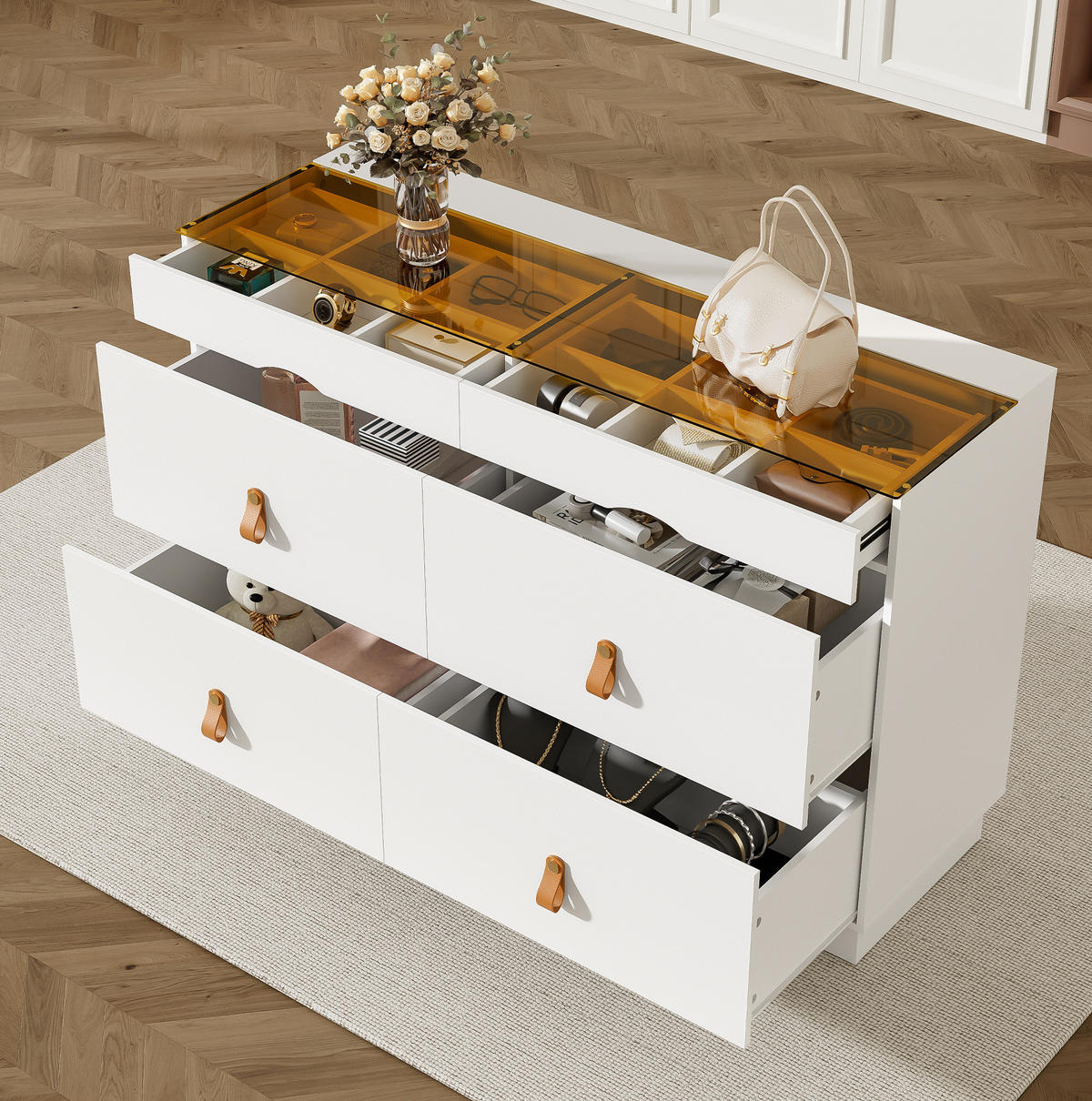 SIDEBOARD mit 6 Schubladen 120/40/78 cm in Weiß mit Glasplatte - Weiß, Glas (120/78/40cm) - BEAOK