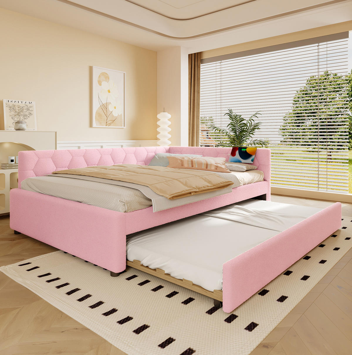 POLSTERBETT aus Samt 140x200 cm in Rosa mit Ausziehbett, USB & Typ-C - Rosa, Textil (140/200cm) - Modfu