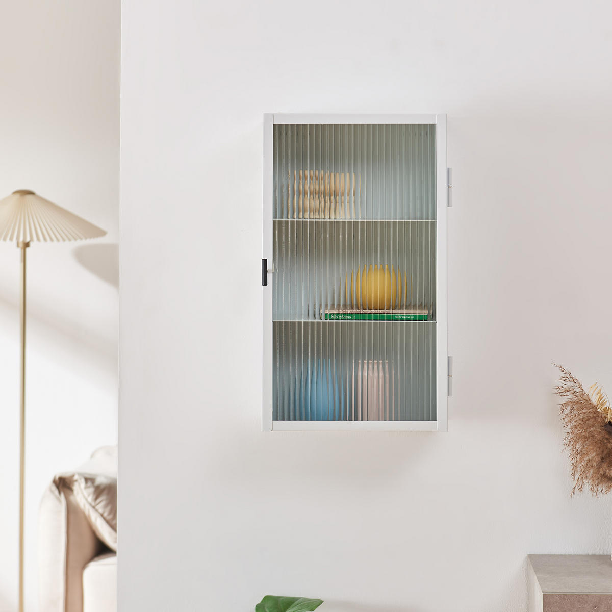 STĚNOVÁ SKŘÍŇ Zundert - bílá, kov/sklo (35/60/15cm) - [en.casa]