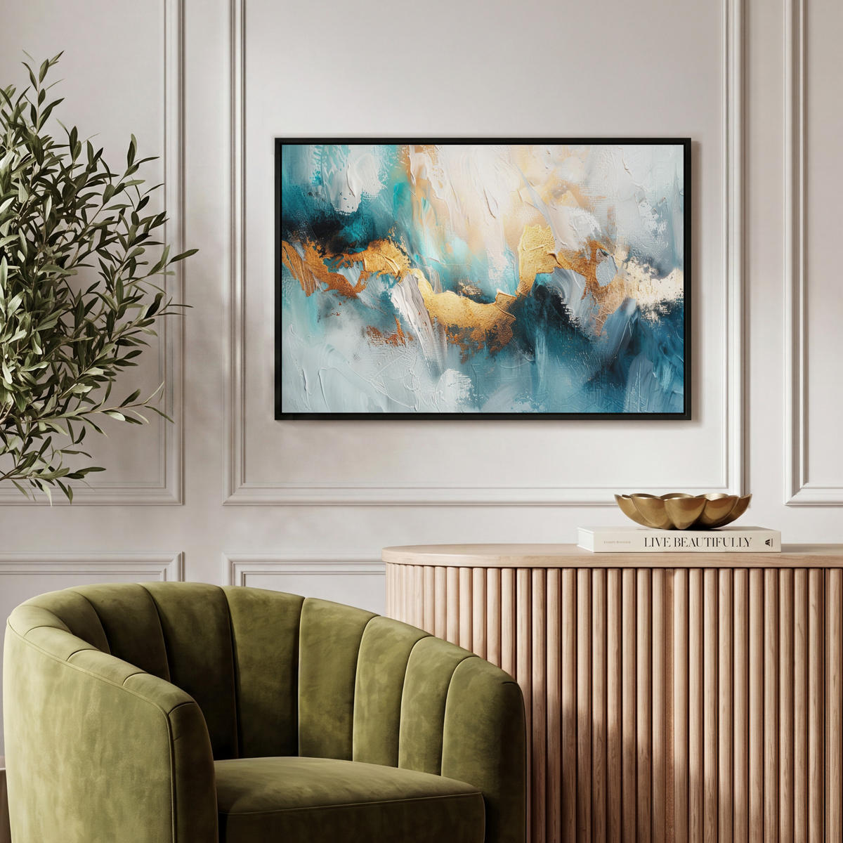 LEINWAND Bilder mit Rahmen - Abstrakt - Kunst - Gold - Blau - 60x40 - Petrol, Textil (60/40cm) - MuchoWow