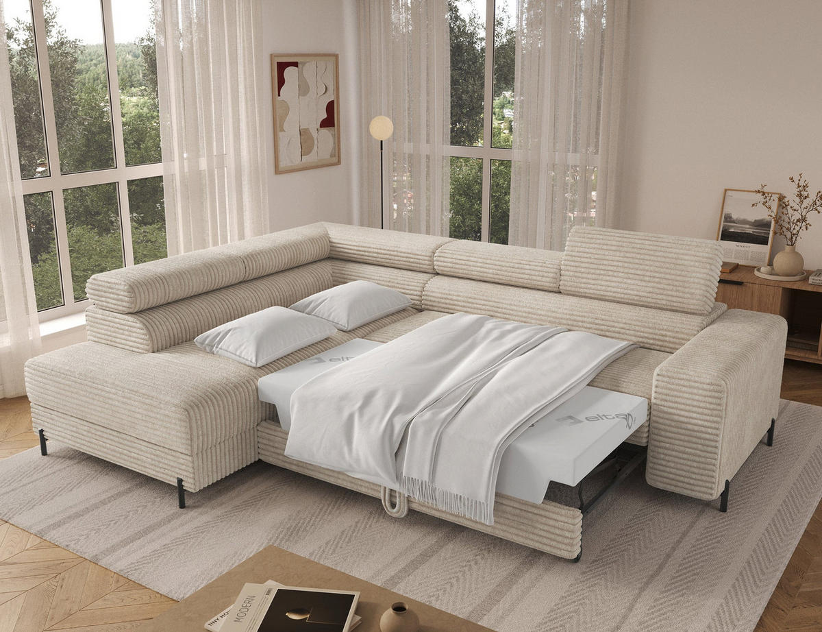 ECKSOFA COLESIO L-Form, Schlaffunktion, Bettkasten, verstellbare Kopfstützen, Wellenfederung, Metallfüße, breiter Cordstoff - Creme/Schwarz, Kunststoff/Metall (269/204cm) - Wohnideebilder