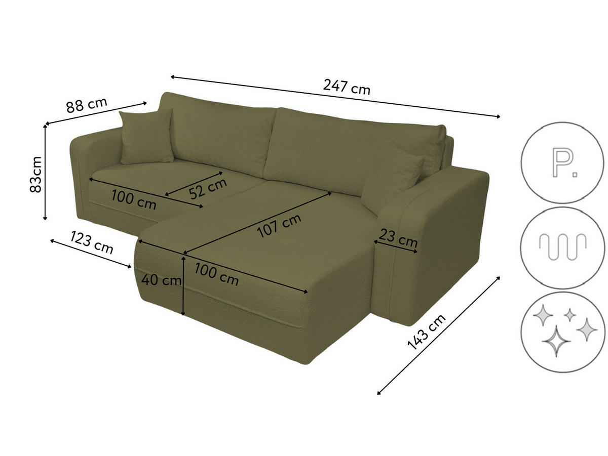 ECKSOFA Oreo L-Form Mit Bettkasten Und Schlaffunktion Quelle-Stoff Olive Rechts - Olivgrün, Holz (247/143cm) - Kaiser Möbel