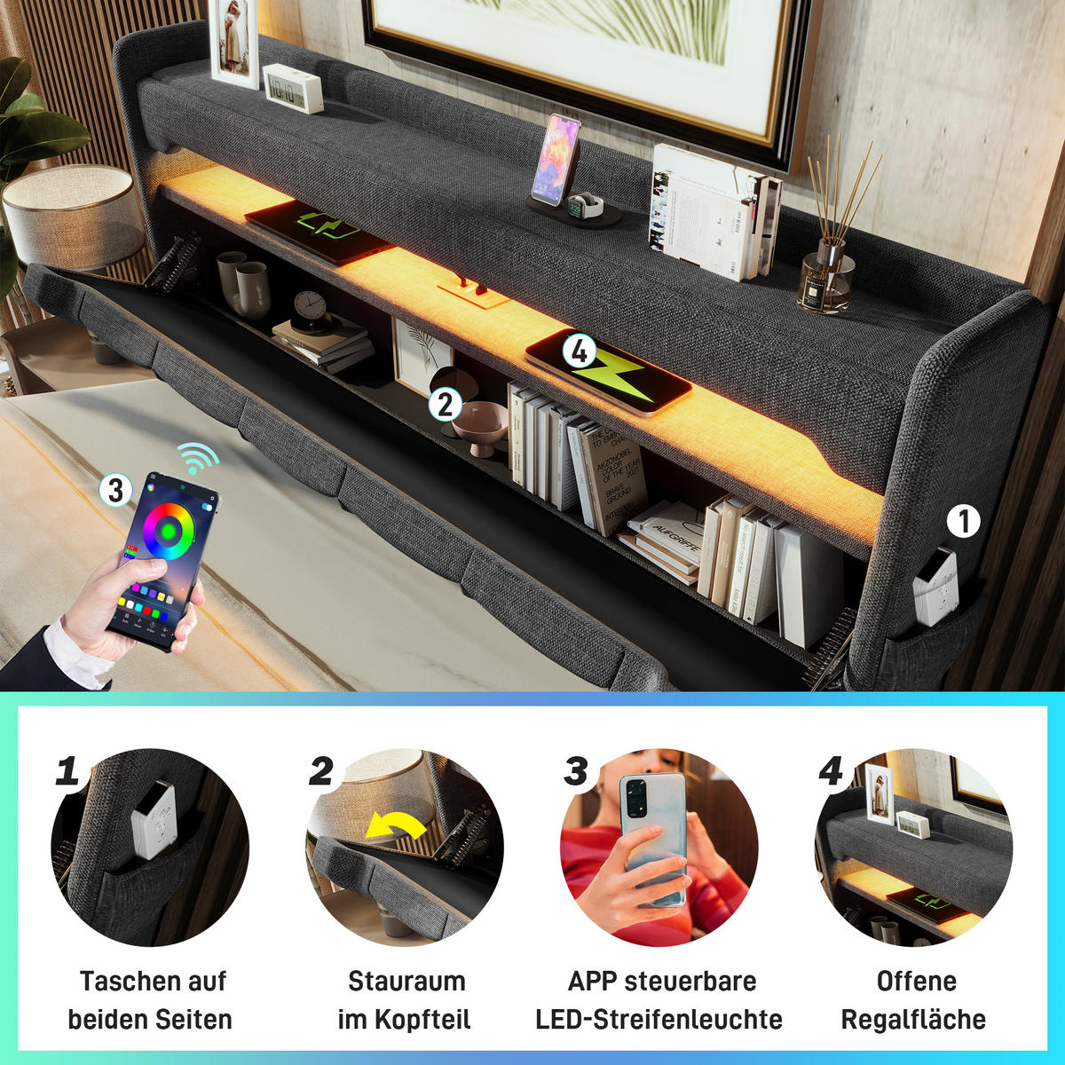 BETT mit Stauraum und LED 180/200 cm - Grau, Holzwerkstoff/Textil - Urban Meuble