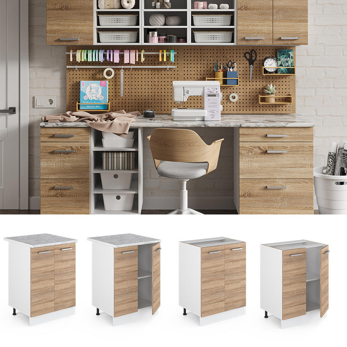 UNTERSCHRANK R-Line Sonoma 60 cm mit Türen, ohne AP - Weiß/Sonoma Eiche, Holzwerkstoff (60/81.6/46cm) - Vicco