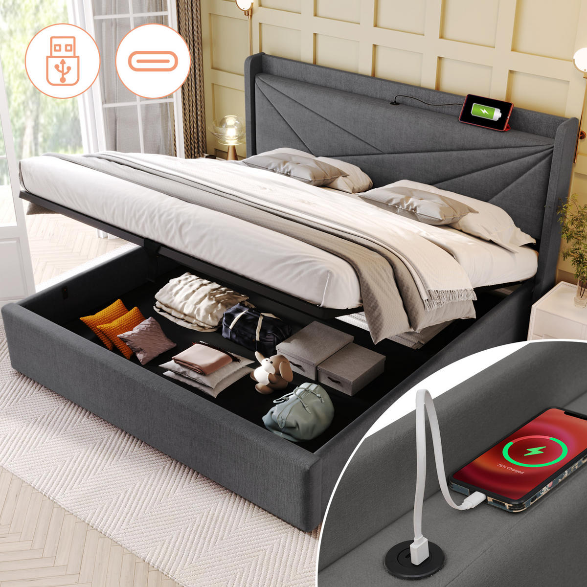 POLSTERBETT 160/200 cm Grau aus Baumwolle und Leinen mit Bettkasten und USB Typ-C - Grau, Textil (160/200cm) - OKMYHOME