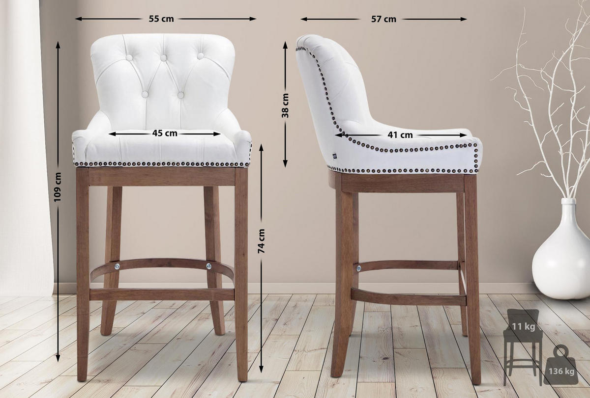 BARHOCKER Echtleder weiß - Naturfarben/Weiß, Leder/Holz (55/109/57cm) - CLP