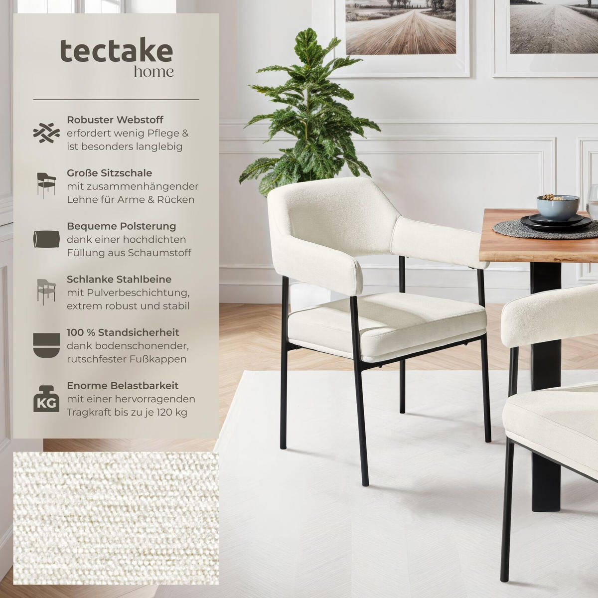 ARMLEHNSTUHL 6er Set Doé 58 x 62 x 85 cm Webstoff off-white/schwarz - Schwarz/Weiß, Textil (58/85/62cm) - tectake