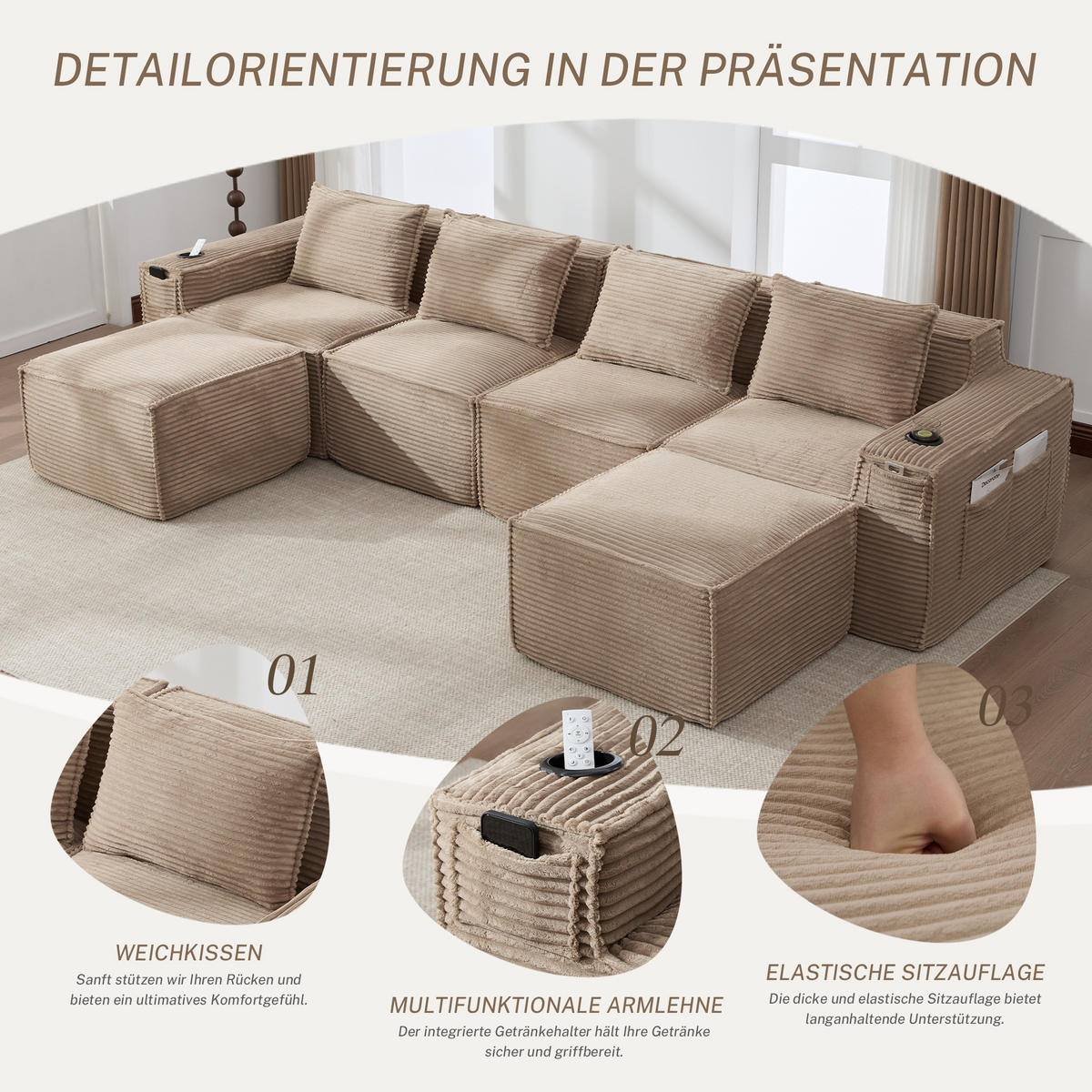 WOHNLANDSCHAFT 330/162/75 cm Khaki mit 2 Fußhocker, Getränkehalter und Seitentaschen - Sandfarben, Textil (330/75/162cm) - Oxeza