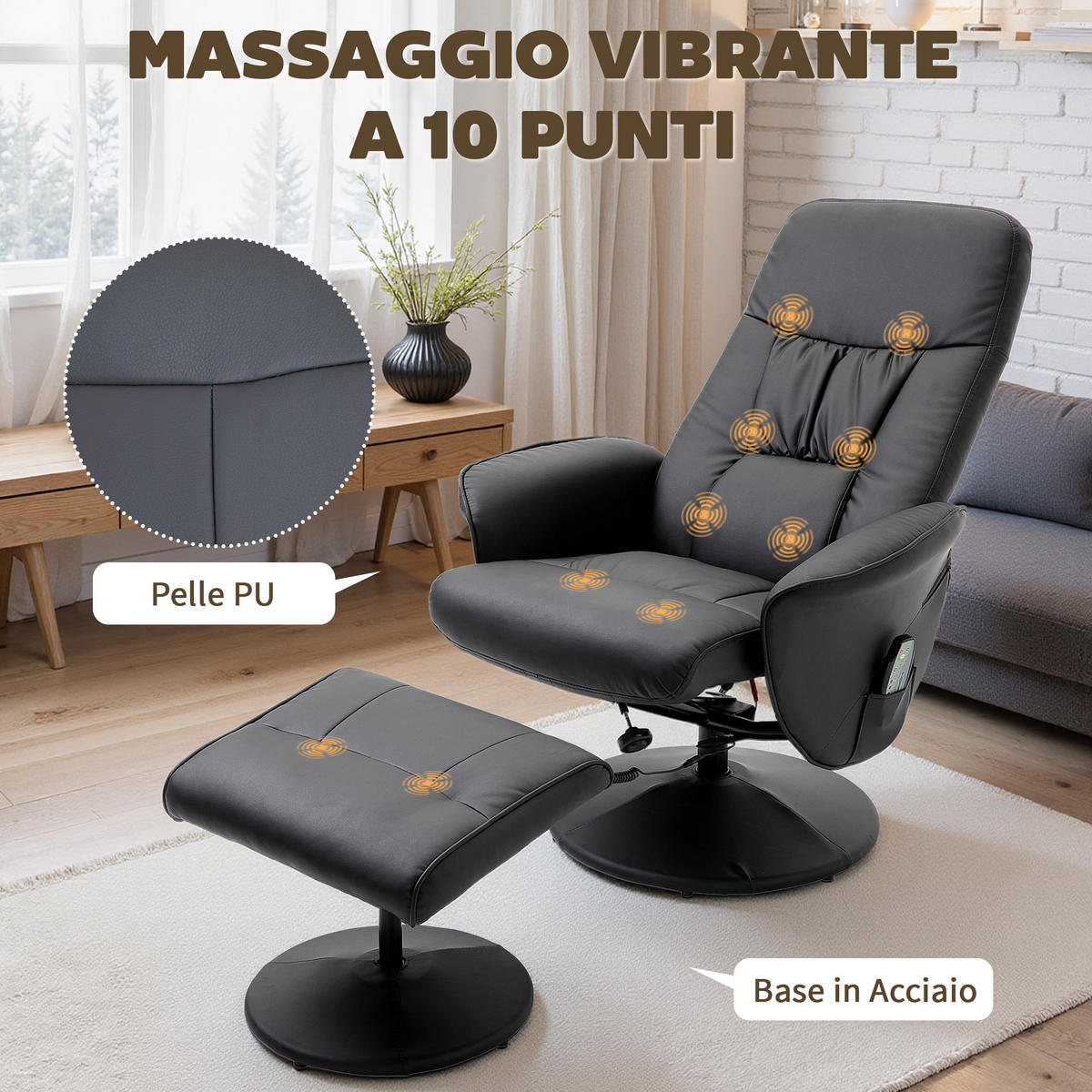 MASSAGESESSEL,HOCKER Fußstütze 145° Lehne drehbarer Sitz 10 Massagepunkte,schwarz - Schwarz, Textil (76/105/81cm) - Vallsero