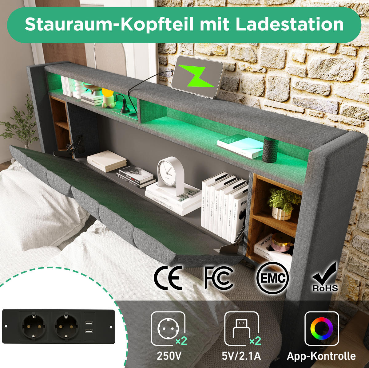 POLSTERBETT 160/200 cm mit Stauraum-Kopfteil, LED-Beleuchtung, USB und Steckdosen, Grau - Grau, Holzwerkstoff (160/200cm) - Redom