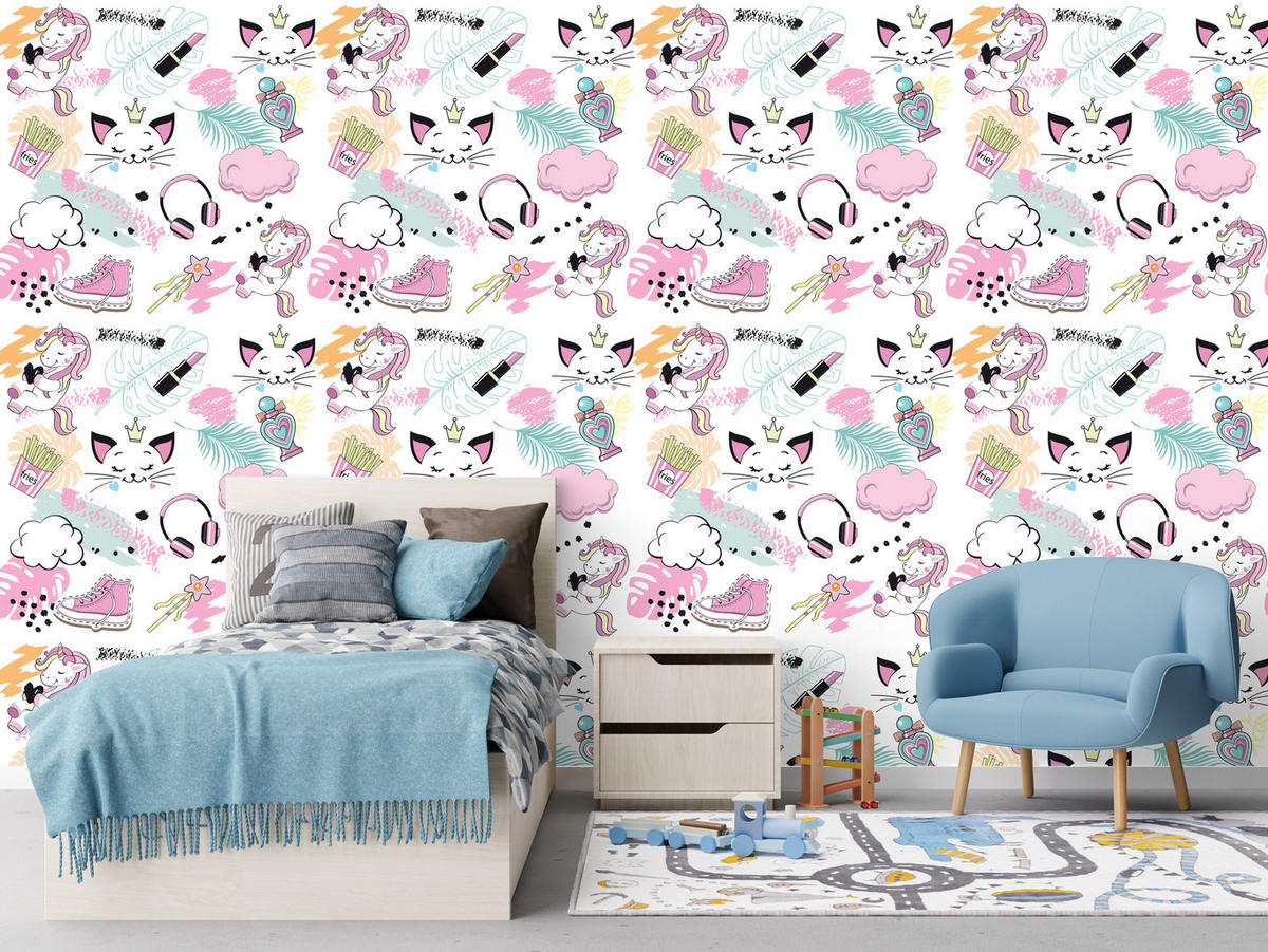 VLIESTAPETE Einhörner und Katzen – Rosa, Mint, Weiß – 50x1000 cm - Rosa/Weiß, Papier (50/1000cm) - Muralo
