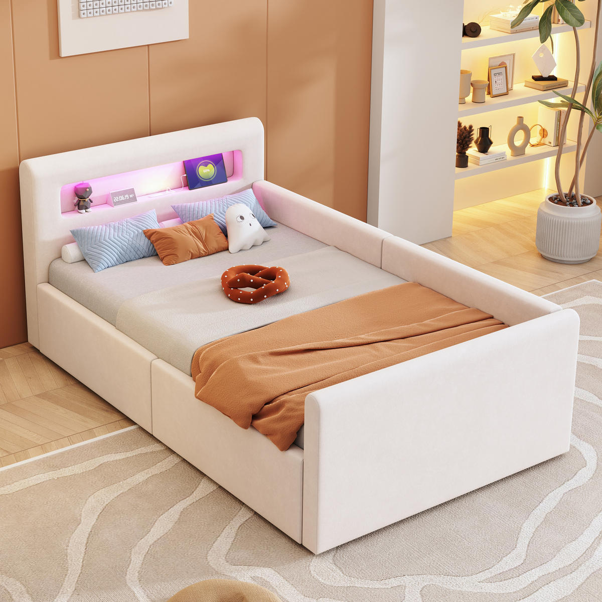 POLSTERBETT Kinderbett 90/200 cm Beige mit LED und USB-Ladeanschluss - Beige, Textil (90/200cm) - OKWISH