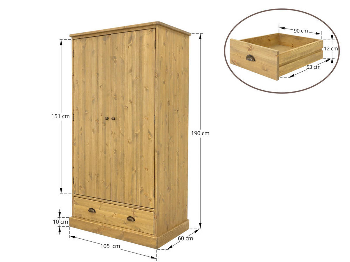 KLEIDERSCHRANK aus Massivholz Dakota - Hellbraun, Holz (105/190/60cm) - Seart