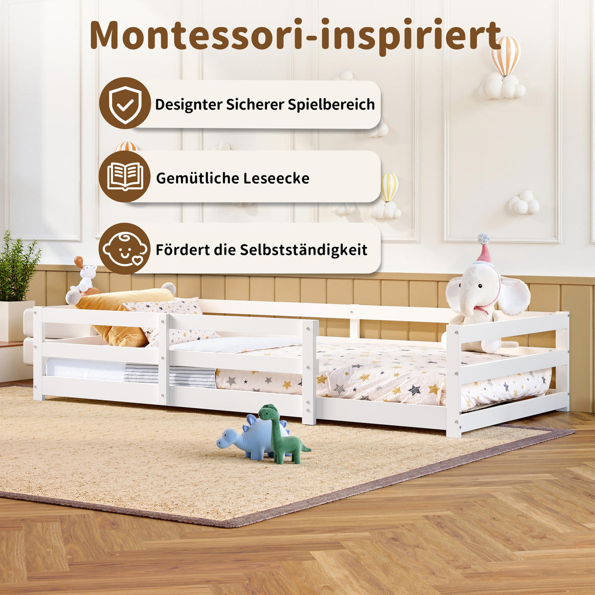 KINDERBETT 90/200 cm in Weiß aus Kiefernholz mit Schutzgitter - Weiß, Holz/Holzwerkstoff (90/200cm) - WISHDOR