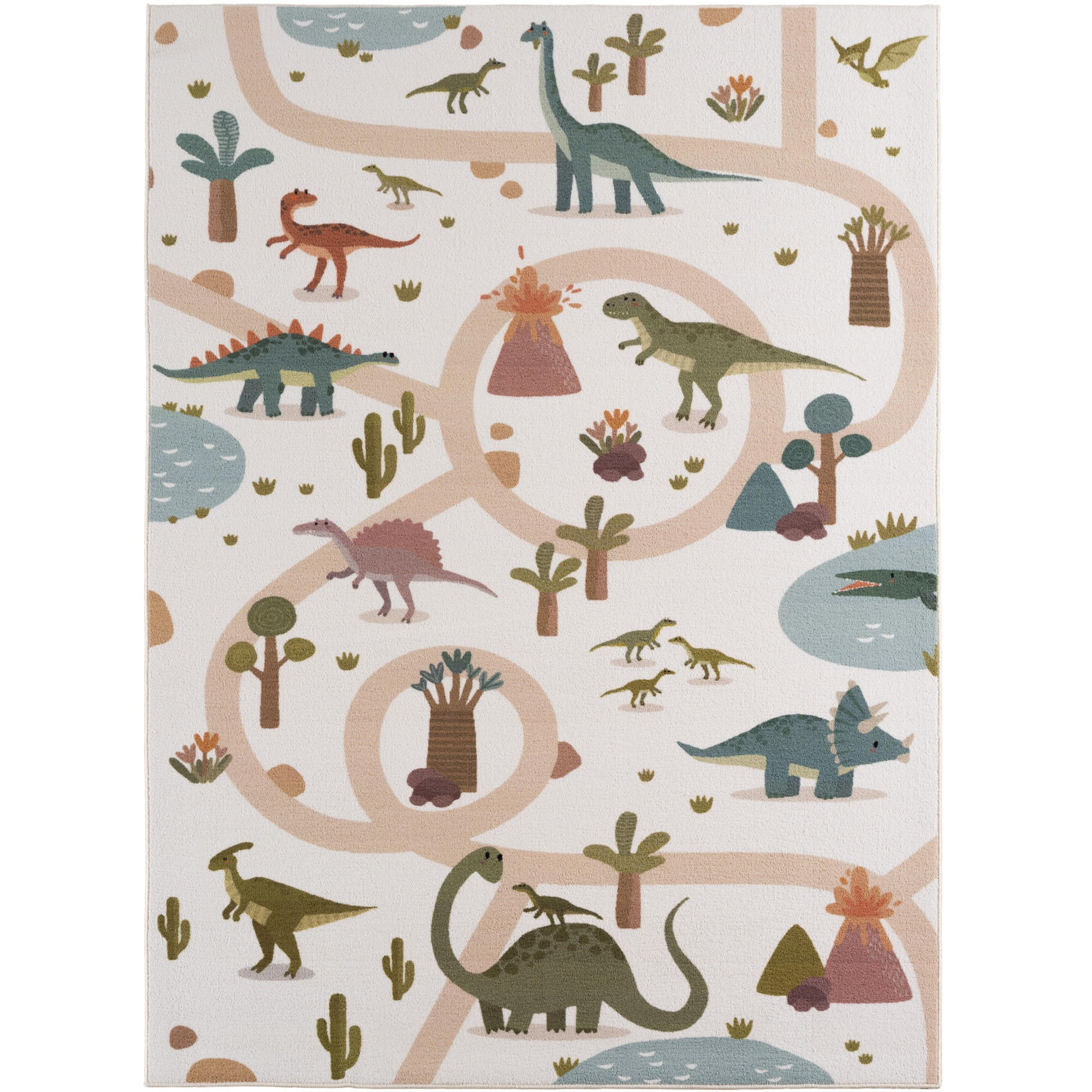 KINDERTEPPICH Kurzflor Dinosaurier-Landschaft Waschbar OEKO-TEX Spielteppich Jungen Mädchen Creme 120x170 – TINO - Creme, Textil (120/170cm) - KADIMA DESIGN