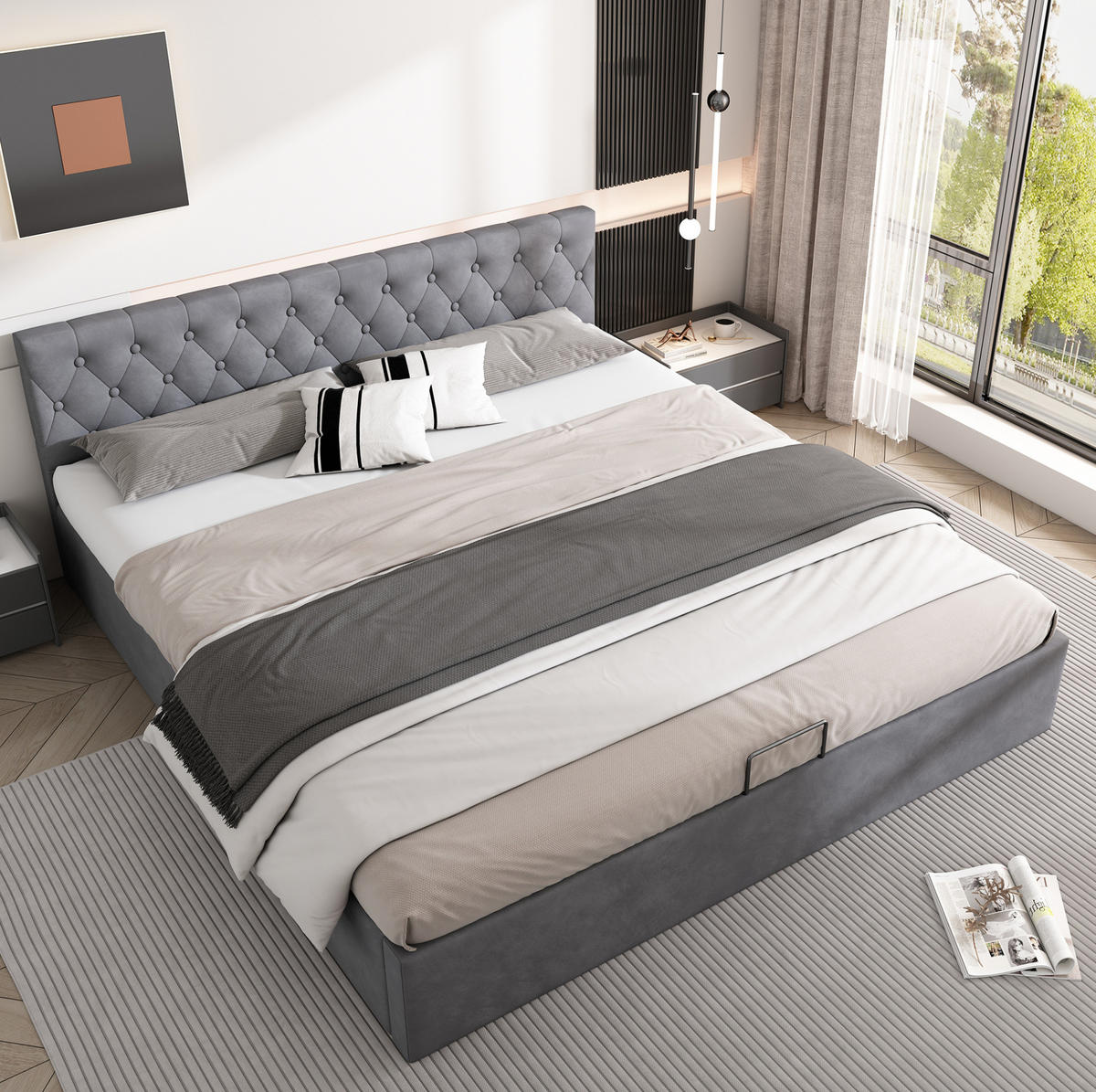 POLSTERBETT 180/200 cm Grau mit hydraulischem Bettkasten und geknöpftem Kopfteil - Grau, Textil (180/200cm) - OKWISH