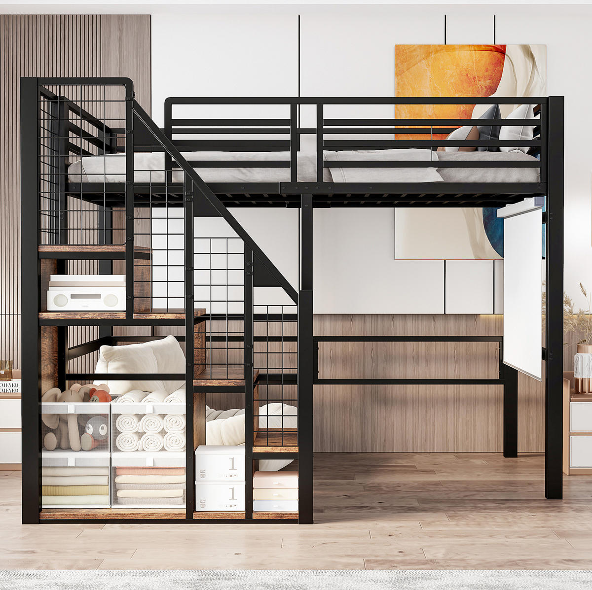 HOCHBETT 90/200 cm mit Treppe, Stauraum und Kleiderstange, Schwarz - Schwarz, Holzwerkstoff (90/200cm) - Redom