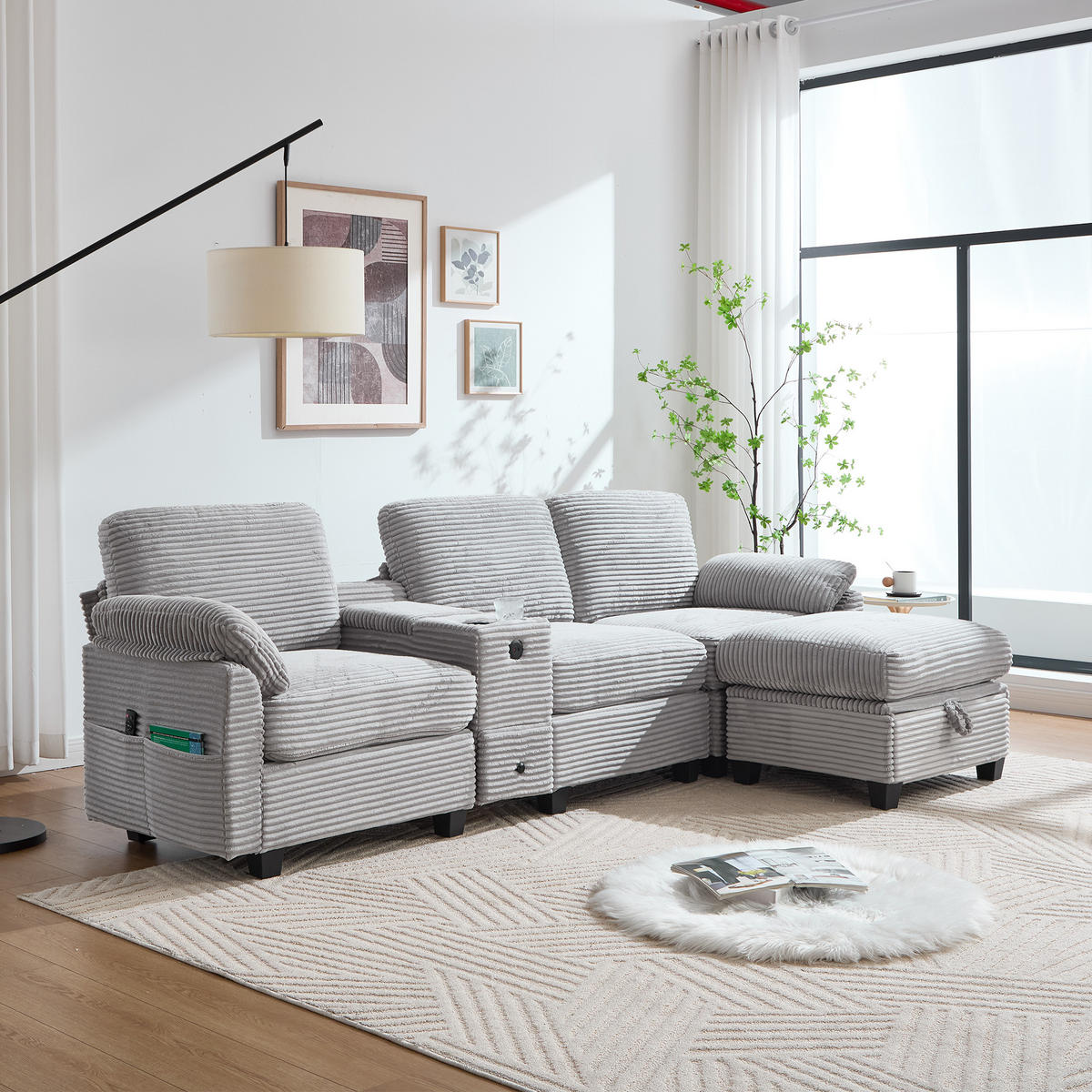 WOHNLANDSCHAFT Cord mit Stauraum und USB-Anschluss 266/136/82 cm Hellgrau - Hellgrau, Textil (136/82/266cm) - Redom