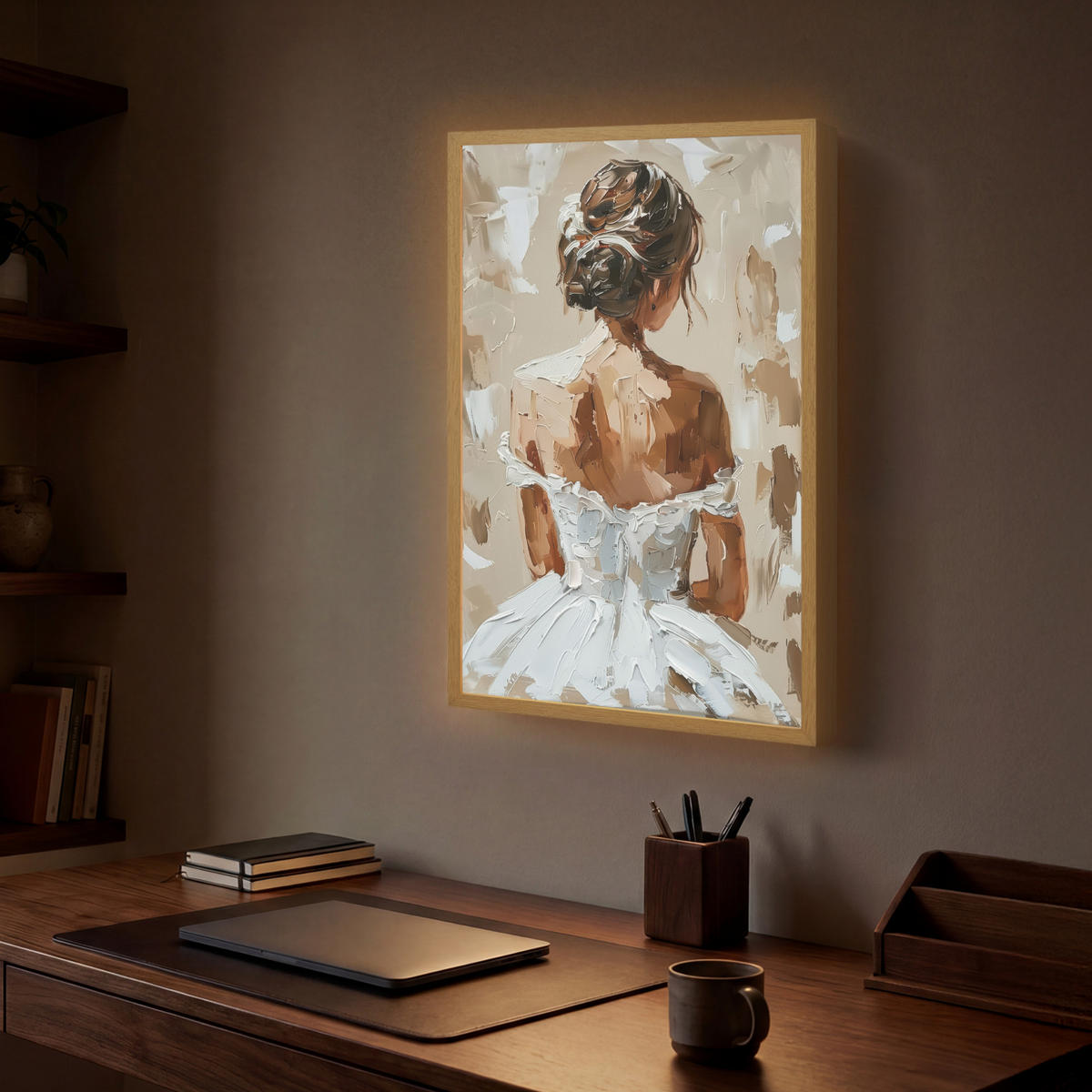 NÁSTĚNNÁ LAMPA S AKUMULÁTOREM Žena - malba - abstraktní - béžová - moderní 40x60 cm - světle hnědá, kompozitní dřevo (40/60/8cm) - OnlyWow