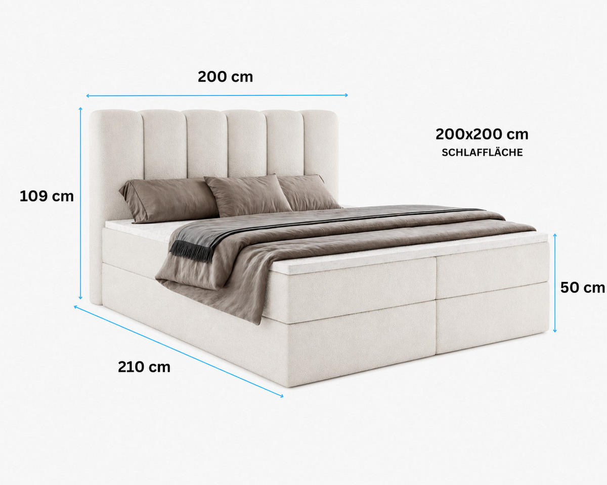 BOXBETT NOLARO 200x200 cm Komplett-Set mit Bettkasten, Bonell-Matratze und Topper, Bouclé Creme - Creme, Textil (200/200cm) - Luxkor24