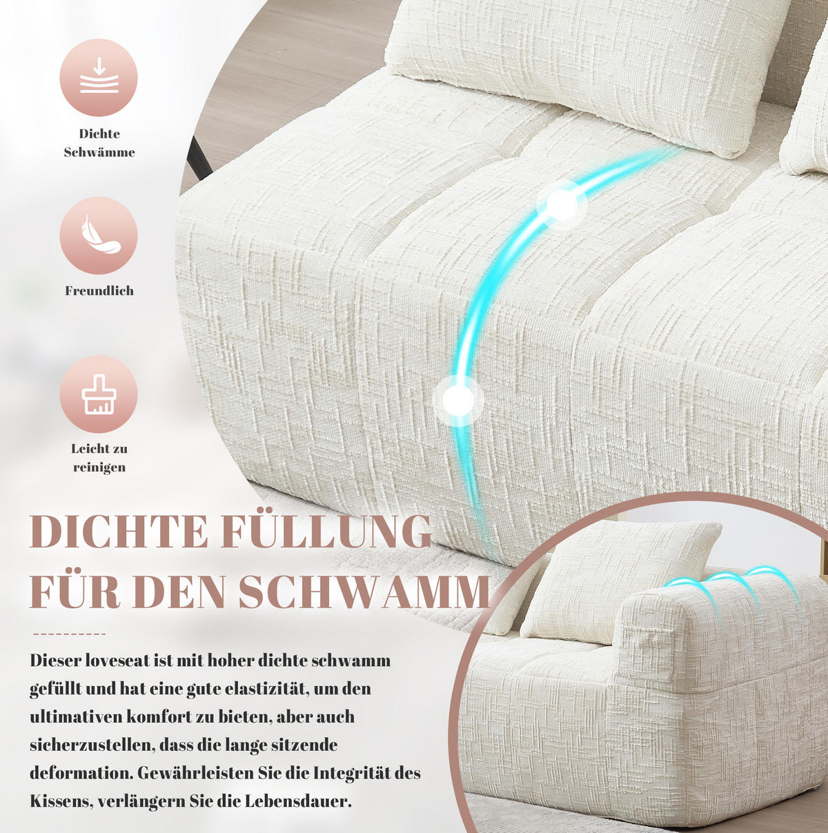 SOFA od ženila, 158/90/60 cm bež, s bočnim džepovima i jastukom - bež, tekstil (60/160/90cm) - BEAOK