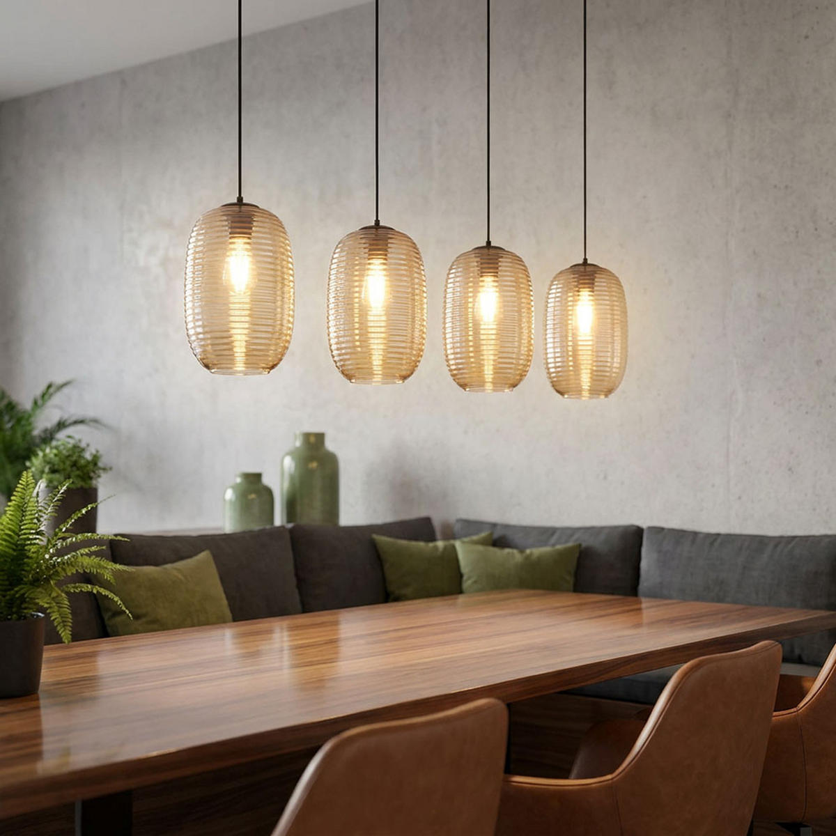 PENDELLEUCHTE Metall Schwarz, Glas Amber, 4-flammig - Orange, Glas (110/20/120cm) - Globo Lighting