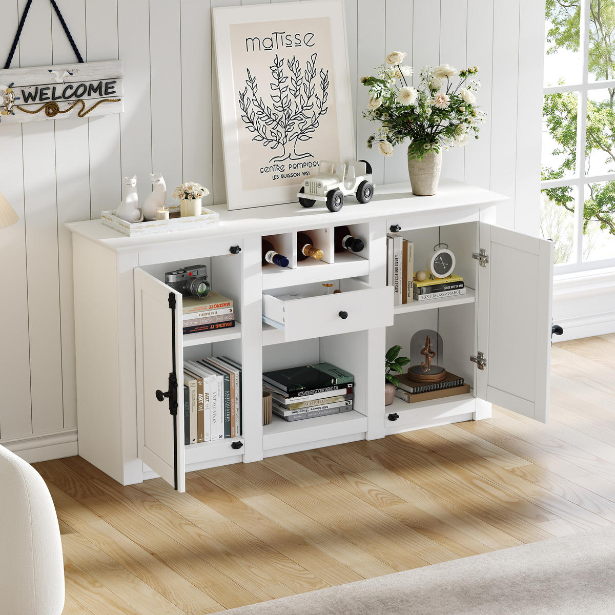 SIDEBOARD Weiß 2 Türen 1 Schublade 130x35x70cm Weinregal - Weiß, Holzwerkstoff (35/70/130cm) - FLIEKS