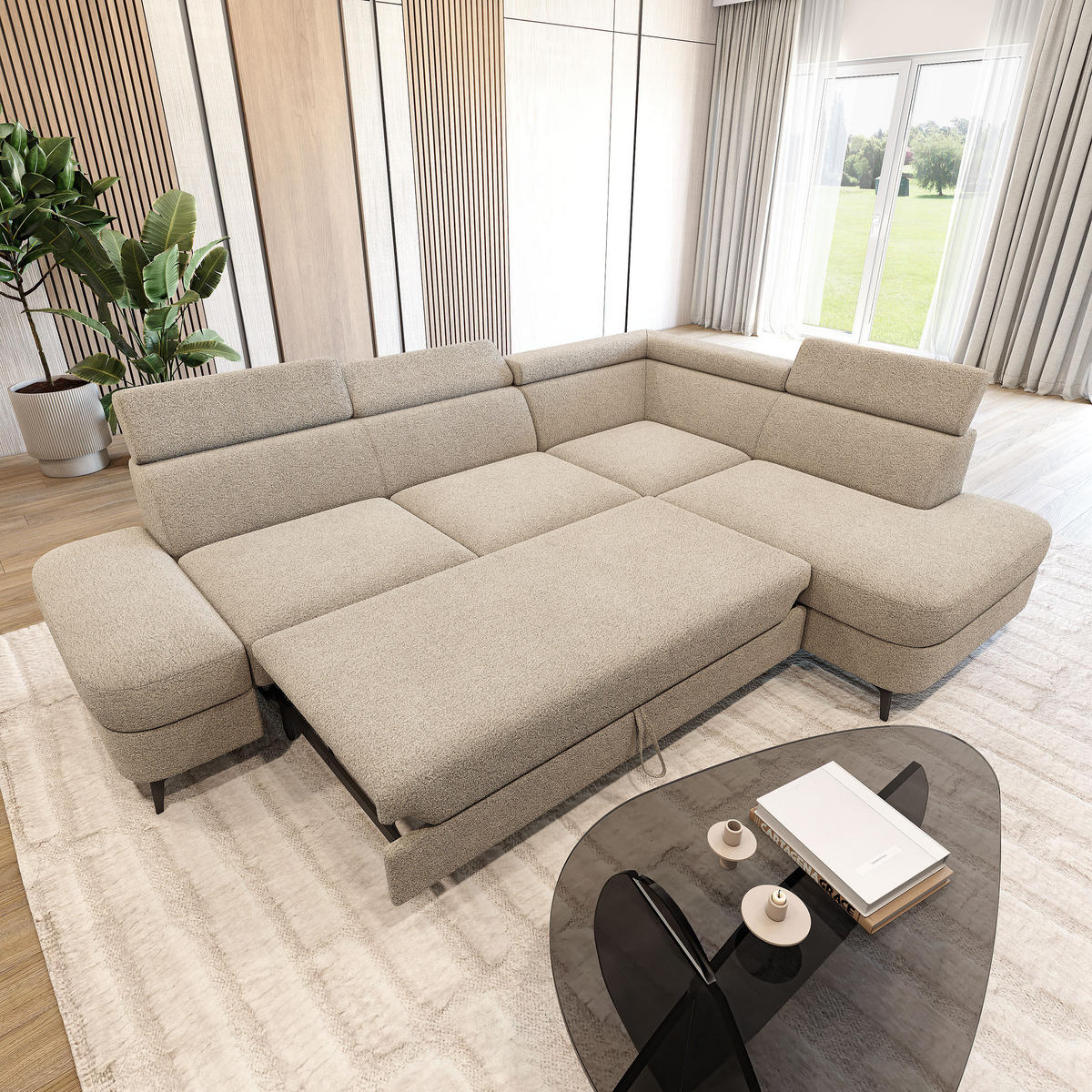 ECKSOFA AVISE Q R-S Beige Boucle-Stoff mit Schlaffunktion - Beige, Holzwerkstoff/Textil (268/195cm) - MASSENO