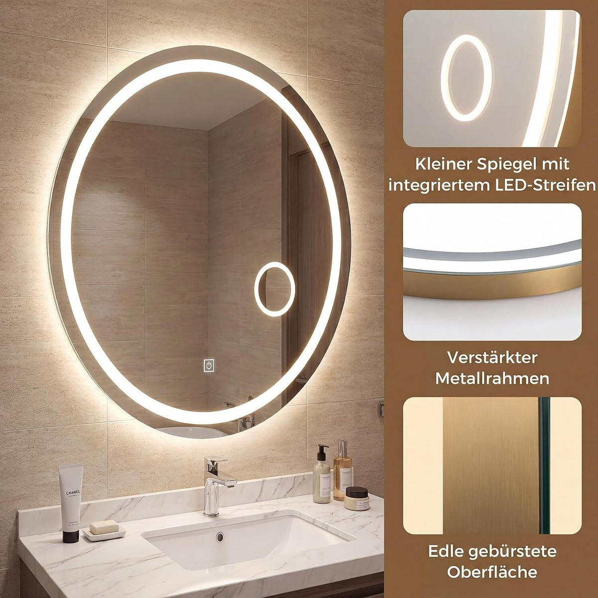 BADEZIMMERSPIEGEL oval golden - Goldfarben, Glas (50/60/4cm) - COSTWAY