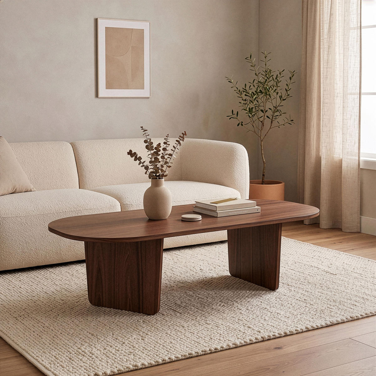 SOFFBORD med rundad skiva, 130 cm långt - AMÉLIA - Naturfärgad, Träbaserade material (70/65/40cm) - Calicosy