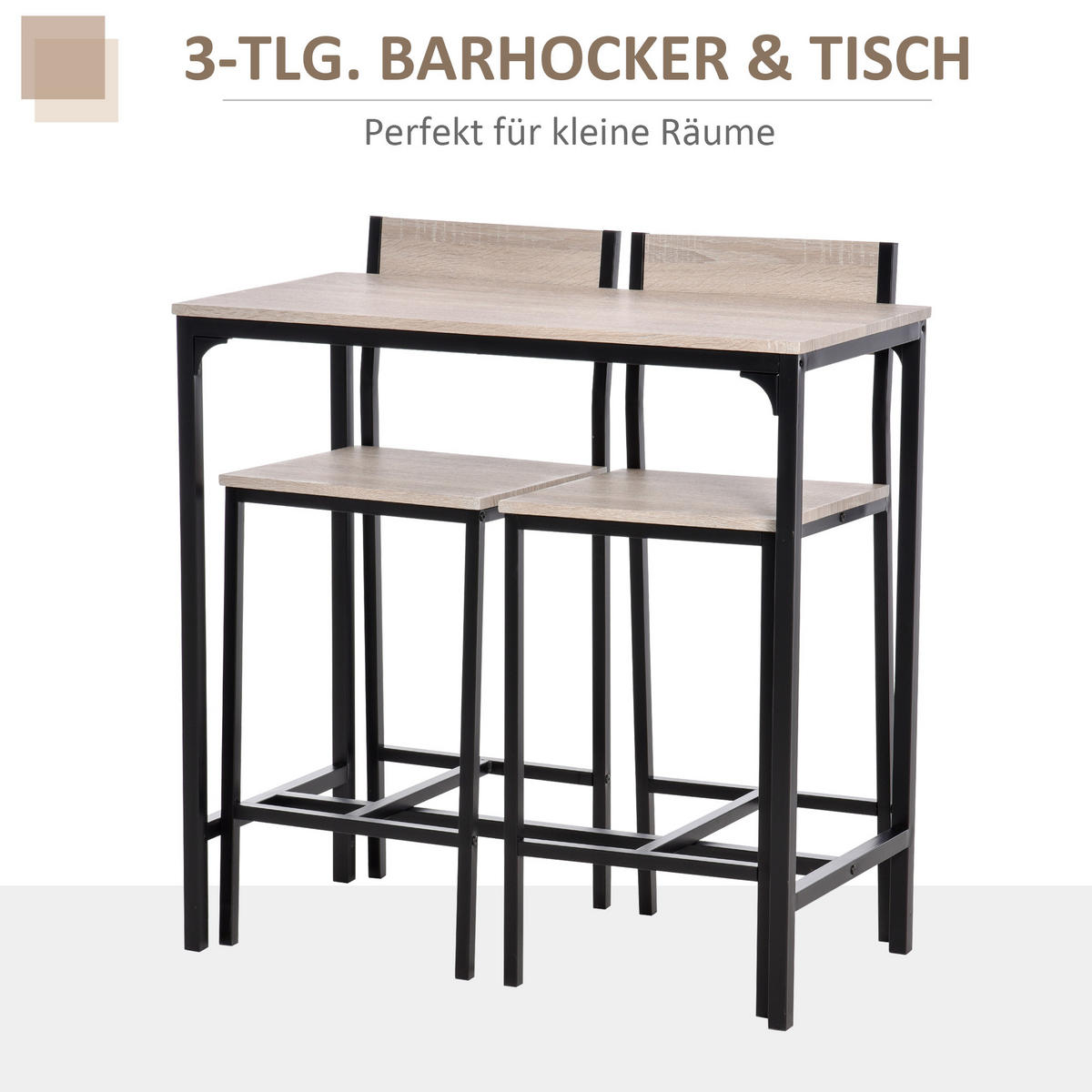 BARTISCH-SET, MDF, Metall, Natur+Schwarz - Naturfarben, Kunststoff (45/87/89cm) - HOMCOM