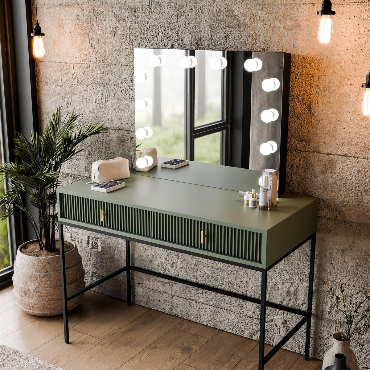 FRISIERTISCH MIDNIGHT ELITE mit LED-Spiegel grün - Schwarz/Grün, Holzwerkstoff (104/77/50cm) - Lookway