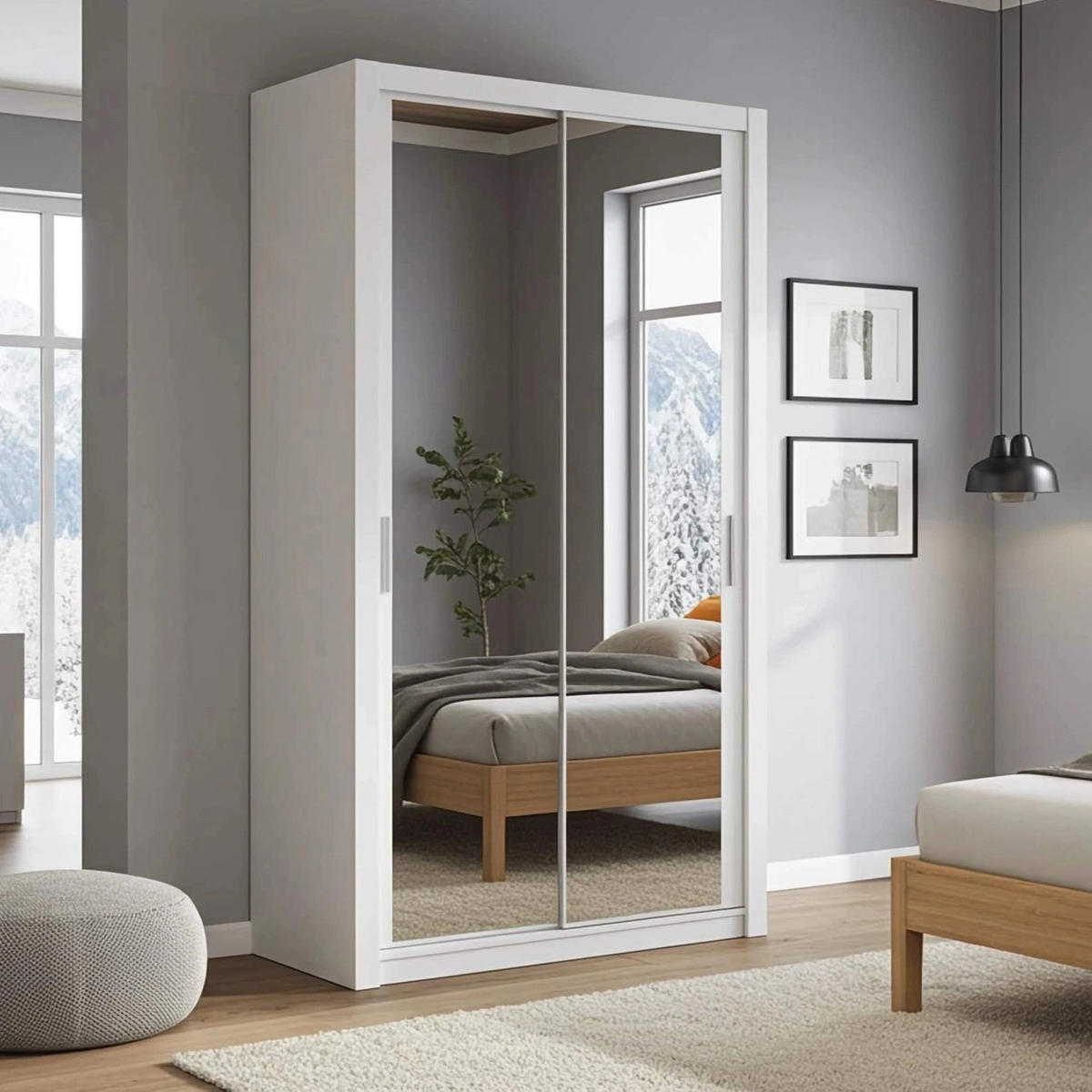 SCHIEBETÜRENSCHRANK Tamiza 120/215/62 mit Spiegel - Silberfarben/Weiß, Holzwerkstoff/Kunststoff (120/215/62cm) - Ravio