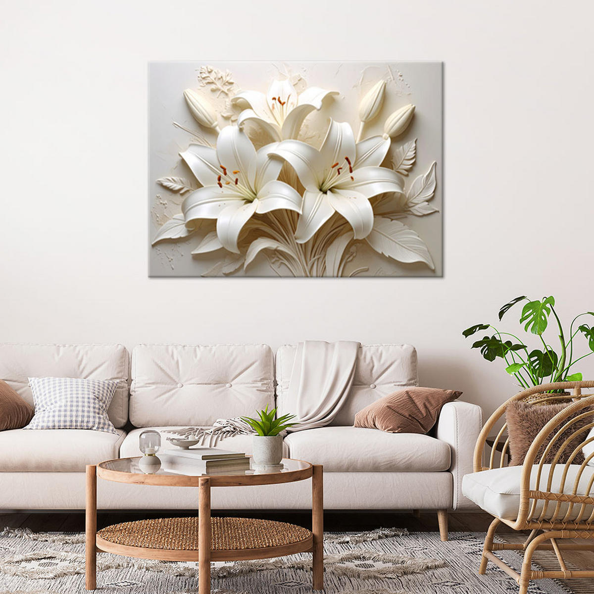 WANDBILD, Weiße Lilien in Reliefkomposition - Beige, Textil (60/40cm) - Feeby