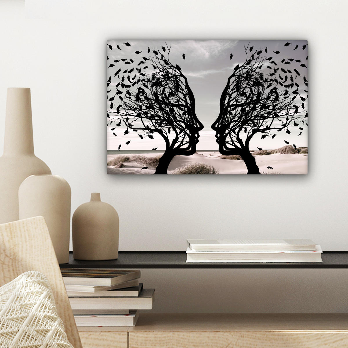 LEINWANDBILD Strand - Meer - Menschen - Baum - Moderne Kunst Deko Schlafzimmer 30x20 cm - Hellgrau, Textil (30/20cm) - MuchoWow