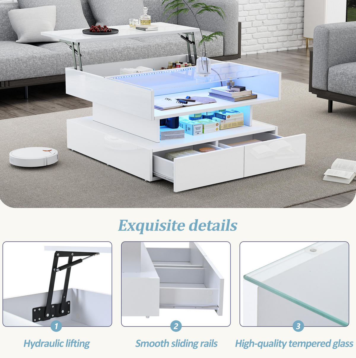 COUCHTISCH 80/80/45 cm weiß aus Spanplatte und gehärtetem Glas mit LED und Stauraum - Weiß, Holzwerkstoff (80/80/45cm) - OKMYHOME