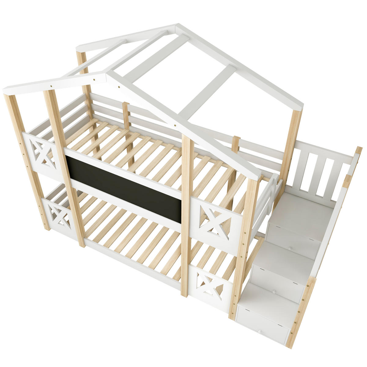 ETAGENBETT aus Holz 90x200 cm in Weiß mit Treppe & Stauraum - Weiß, Holz (90/200cm) - Modfu