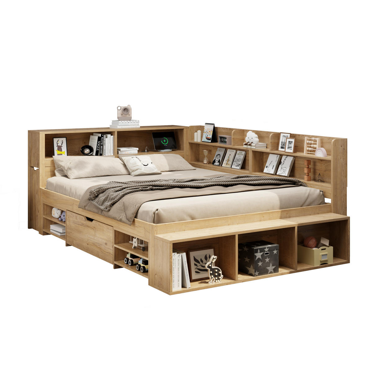 KINDERBETT 140/200 cm natur aus Sperrholz mit Stauraum und Regalen - Naturfarben, Holzwerkstoff (140/200cm) - OKWISH