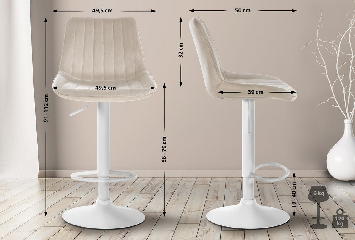 BARHOCKER Tolor Samt weiß creme - Naturfarben/Weiß, Textil/Metall (49.5/112/50cm) - TPFLiving