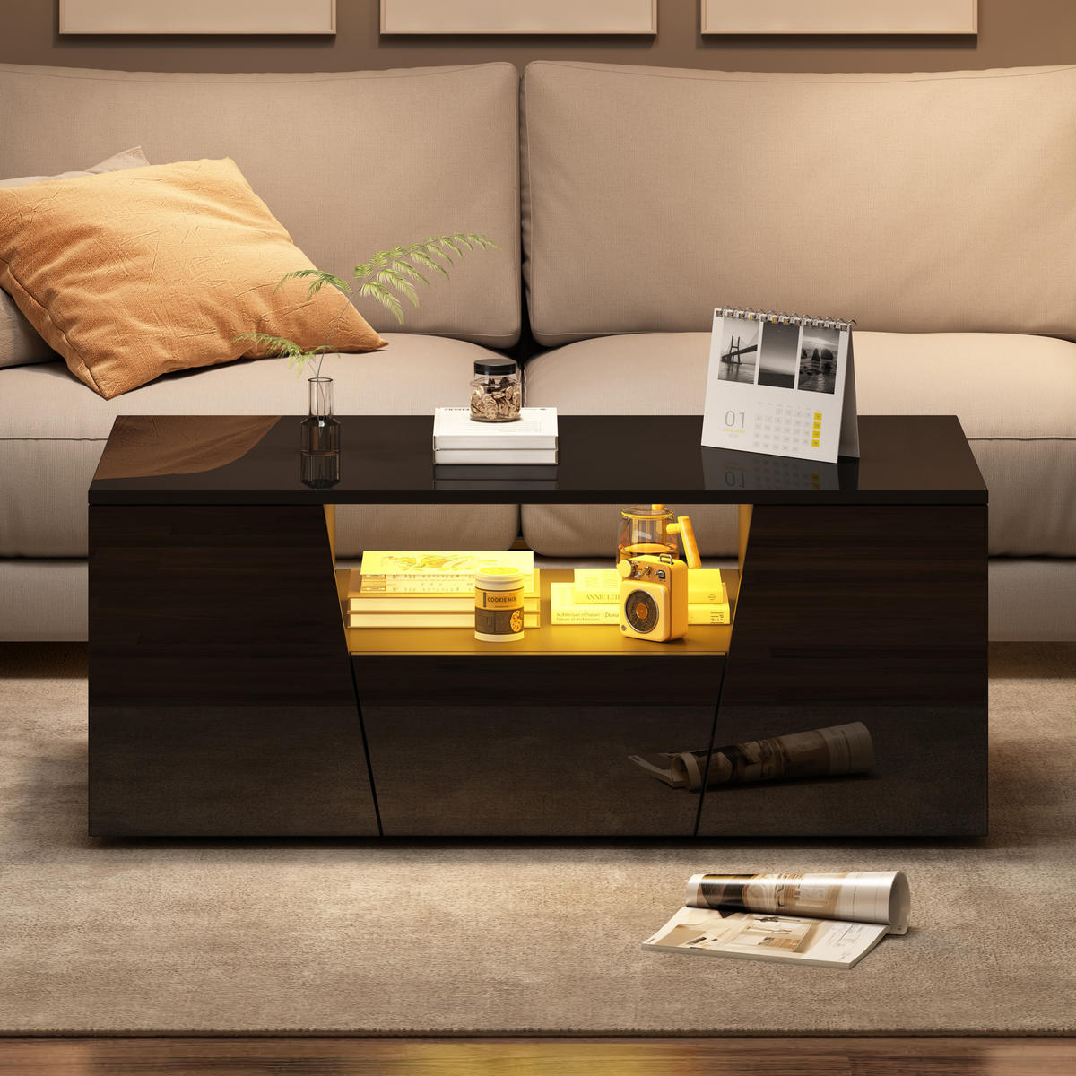 COUCHTISCH 100/50/40 cm schwarz mit LED-Beleuchtung 2 Schränken und 1 Schublade - Schwarz, Holzwerkstoff (100/50/40cm) - OKWISH