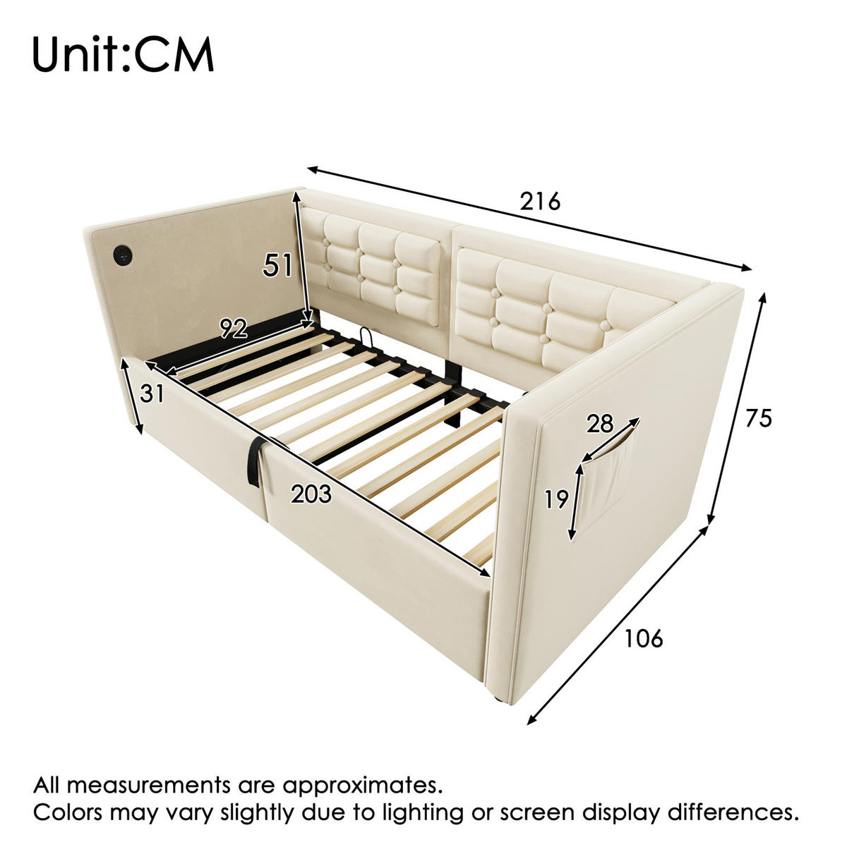 POLSTERBETT aus Samt 90x200 cm in Beige mit USB-C Ladestation & Stauraum - Beige, Textil (90/200cm) - Modfu