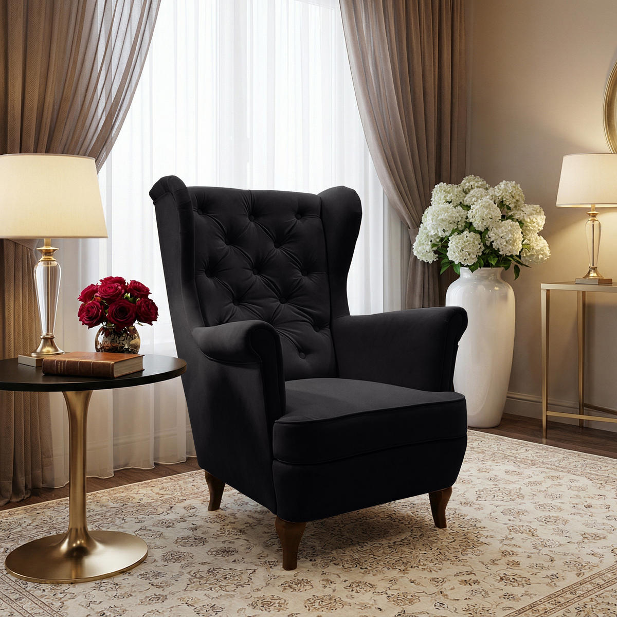 CHESTERFIELD-SESSEL Falco schwarz mit Holzbeinen - Wengefarben/Schwarz, Holz/Textil (82/102/92cm) - Beautysofa