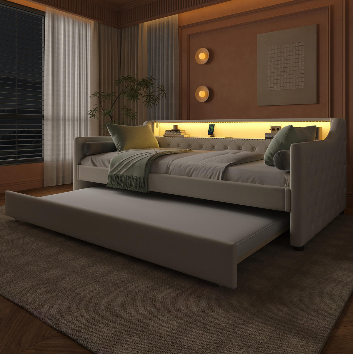 POLSTERBETT 90/200 cm in Beige mit LED-Beleuchtung und USB-Anschlüssen - Beige, Textil (90/200cm) - Flora Grace