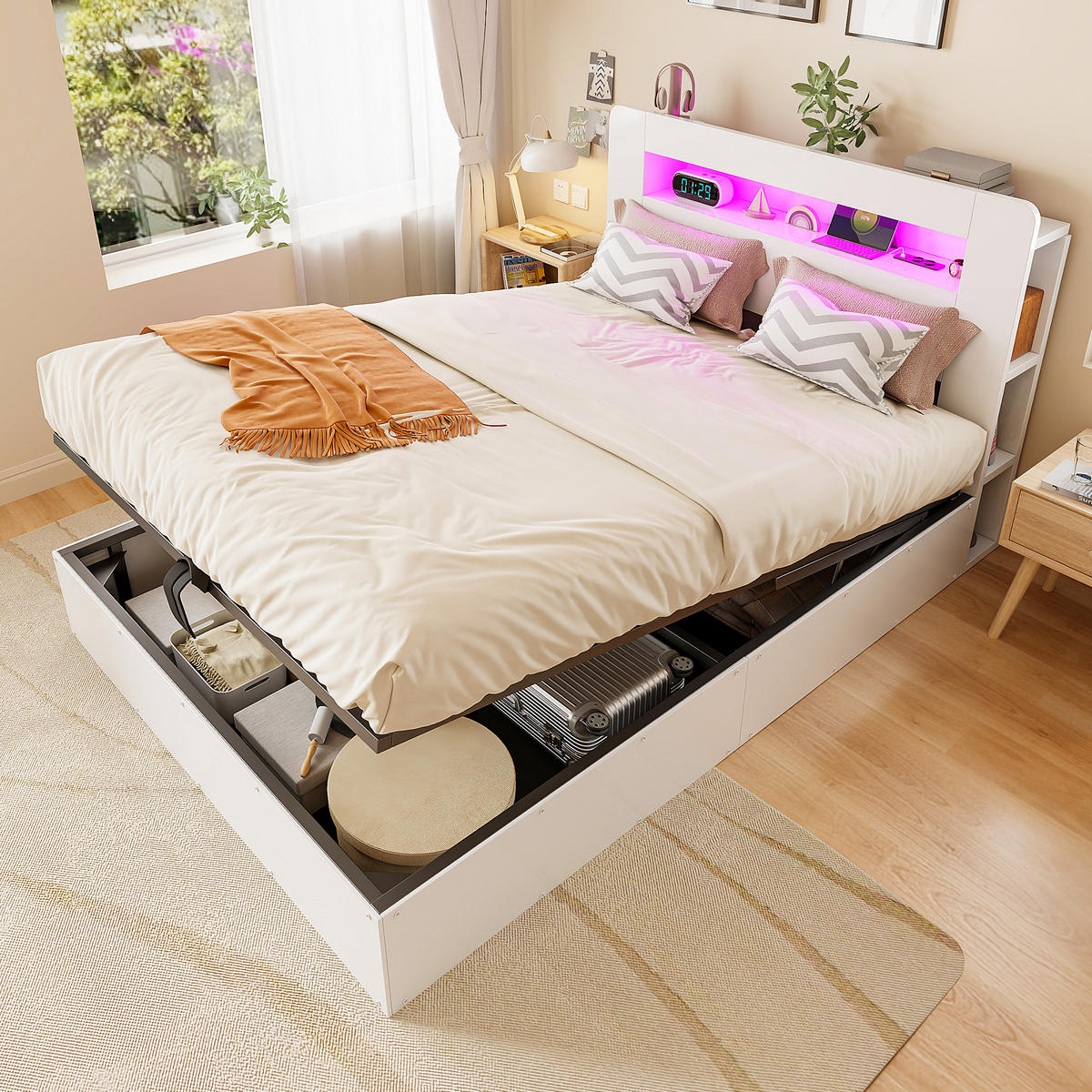 BETT 140/200 cm in Weiß mit Bettkasten, LED, Steckdosen und Kopfteilfächern - Weiß, Holz/Holzwerkstoff (140/200cm) - WISHDOR
