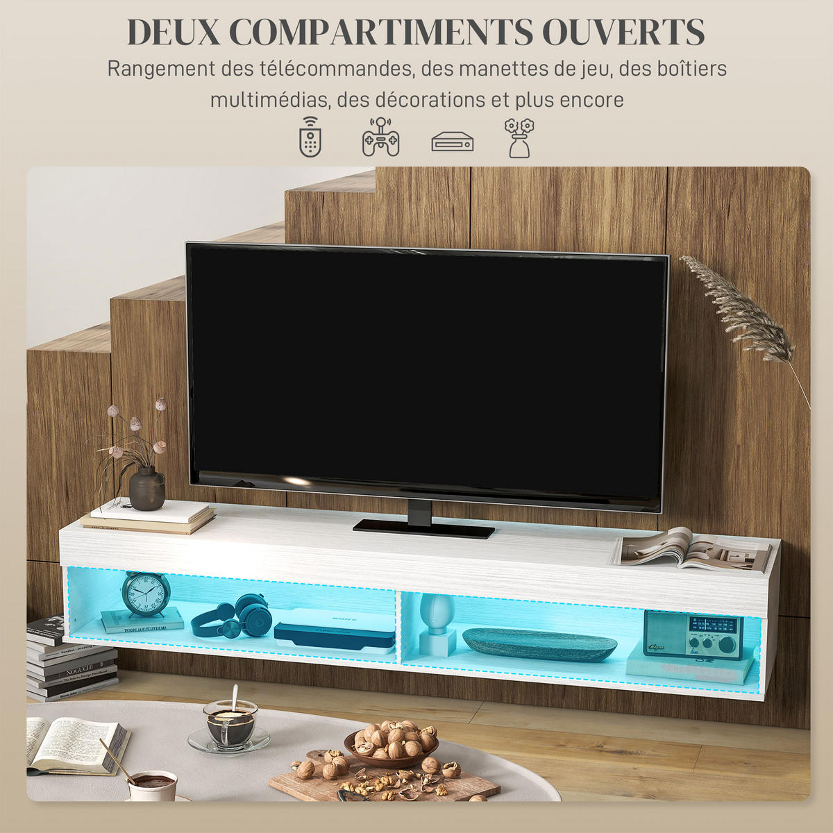 TV-LOWBOARD Weiß 180/40/30 cm, Hängend, LED-Beleuchtung, 2 Klappen - Weiß, Holz (180/30/40cm) - PANGIVO