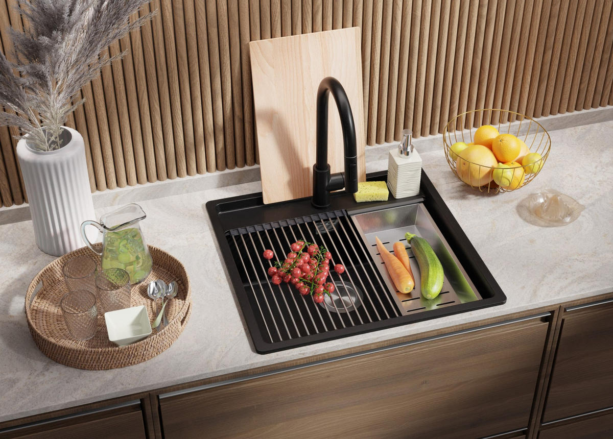 GRANITSPÜLE Bergen, 2-er set Schwarz 56/53 cm 1 Becken + Küchenarmatur 40/38 cm + Ablauf-Set + Schneidebrett ab 60er Unterschrank - Chromfarben/Beige, Kunststoff (56/20/53cm) - Primagran