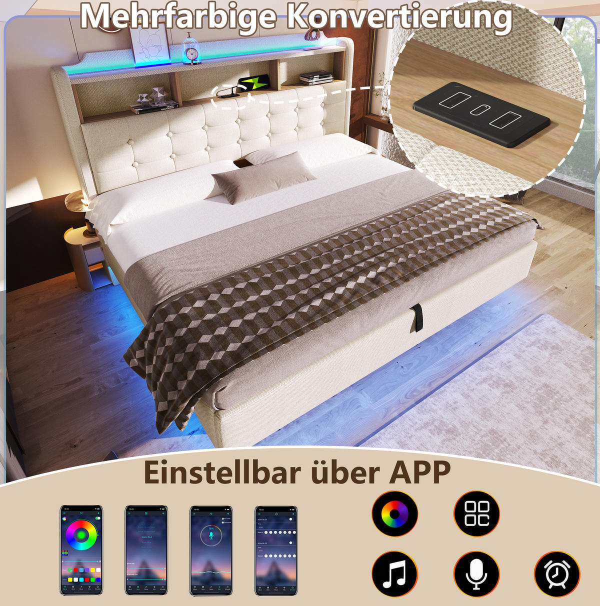 POLSTERBETT 180x200 cm in Beige mit LED, hydraulischem Stauraum und USB-C - Beige, Textil (180/200cm) - IVMEU