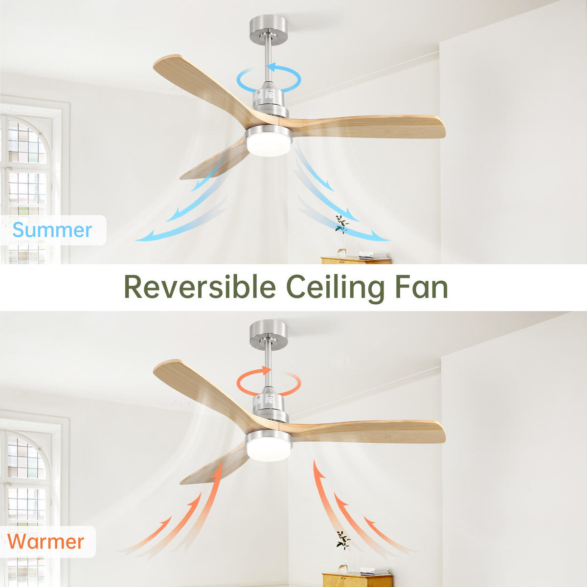 DECKENVENTILATOR DE-16292 52 Zoll dimmbar mit 3 Holzflügeln - Naturfarben, Holz/Metall (132/132/52cm) - ComfortXL