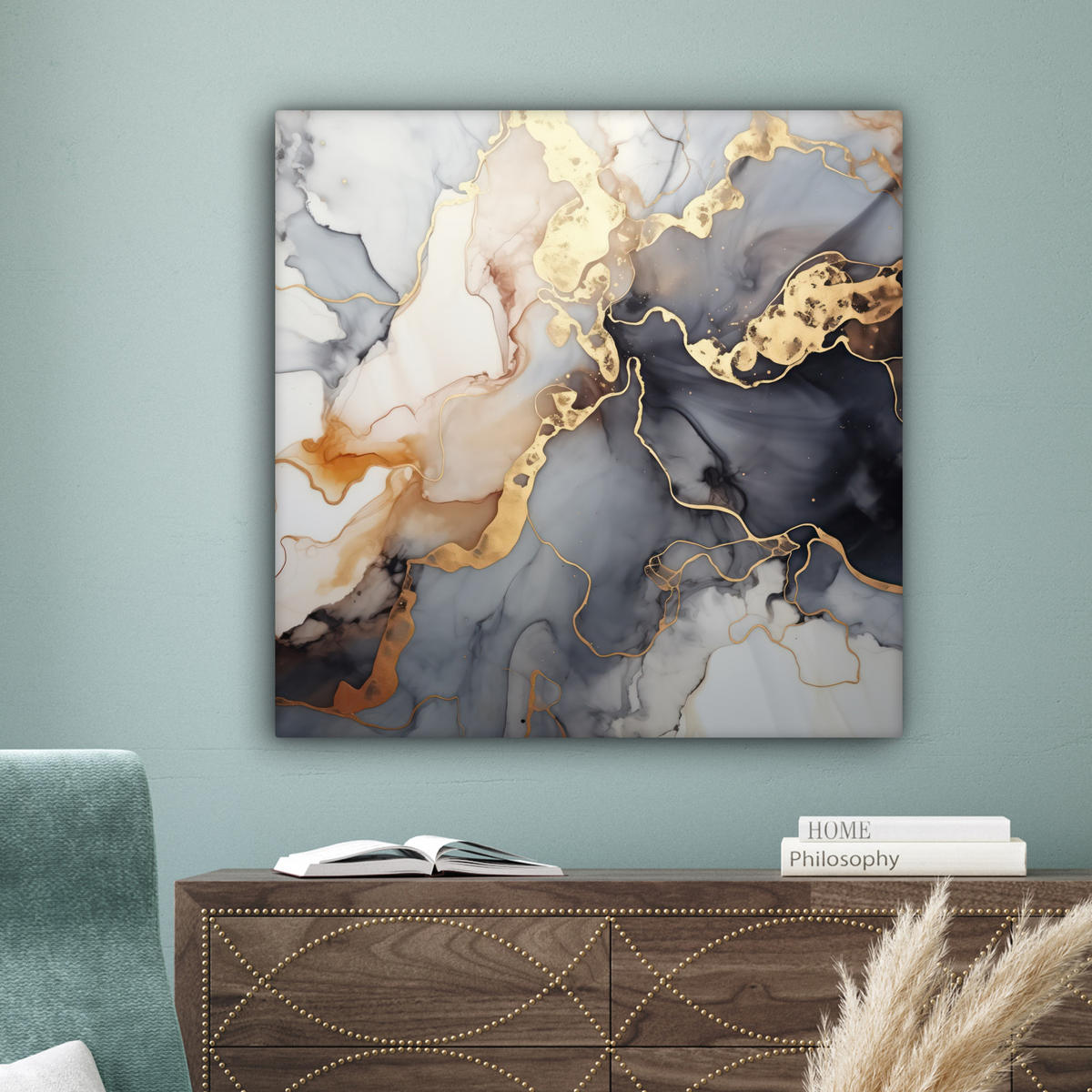 LEINWANDBILD Marmor - Schwarz - Gold - Weiß Deko Groß 90x90 cm - Dunkelgrau, Textil (90/90cm) - MuchoWow